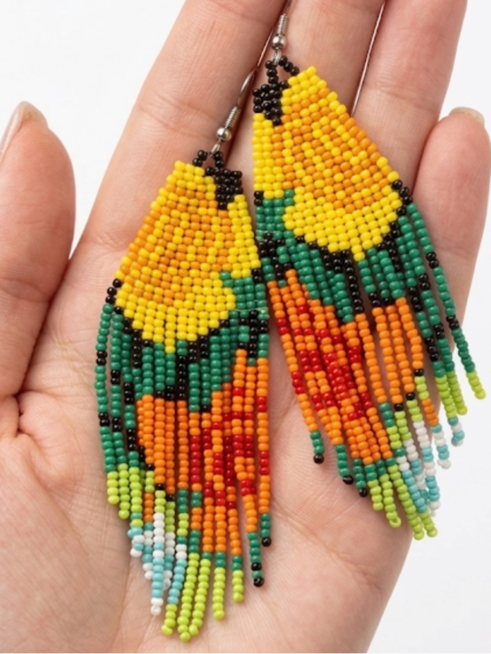 Multicolor Seed Bead Fringe Earrings - Long Geometric Tassel Drop, Bohemian